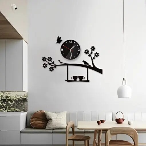 Bird on Tree with Coffee Cup Wooden Wall Clock wall clock Decoration Waly 